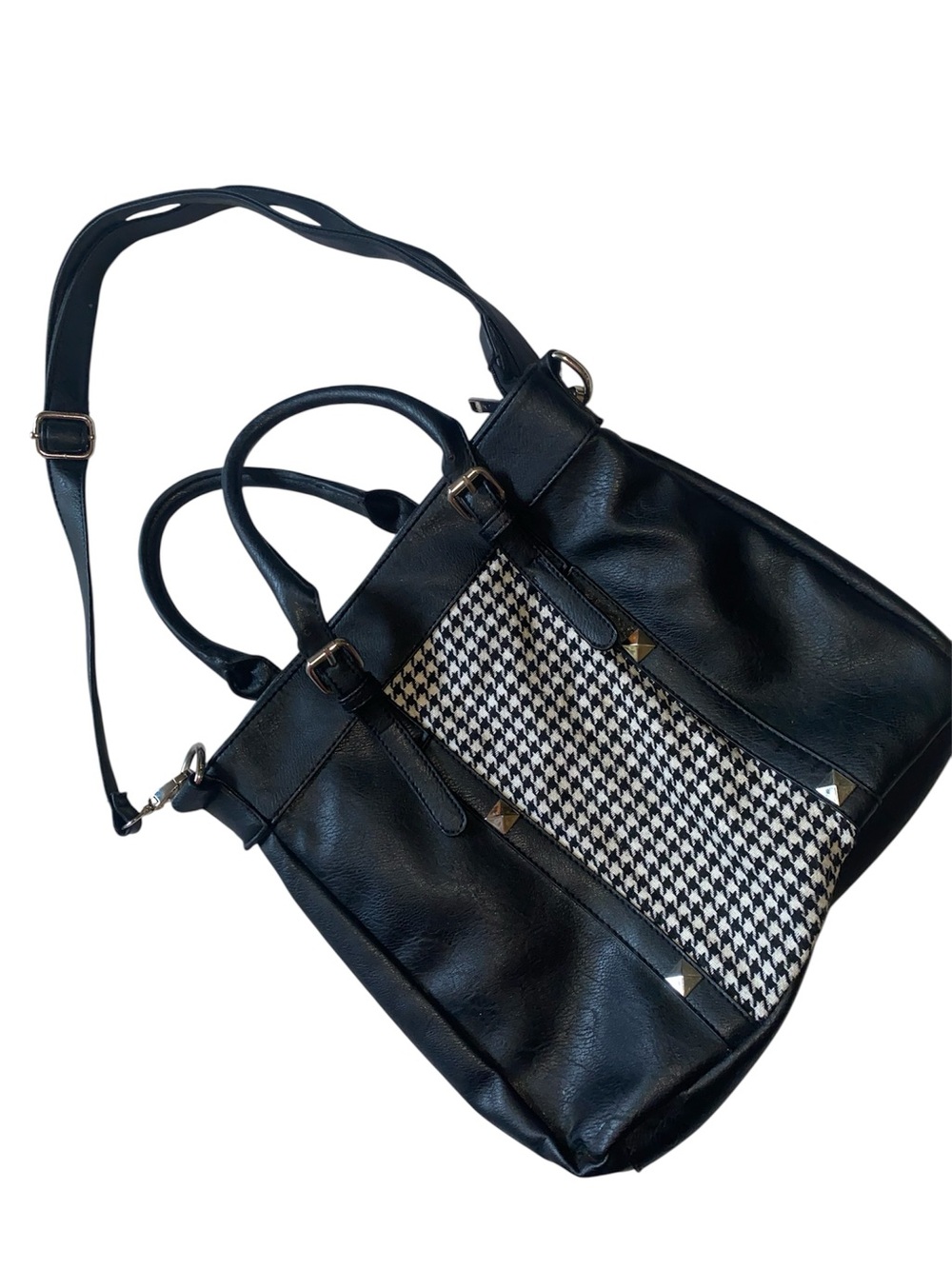 Black faux-leather convertible tote bag